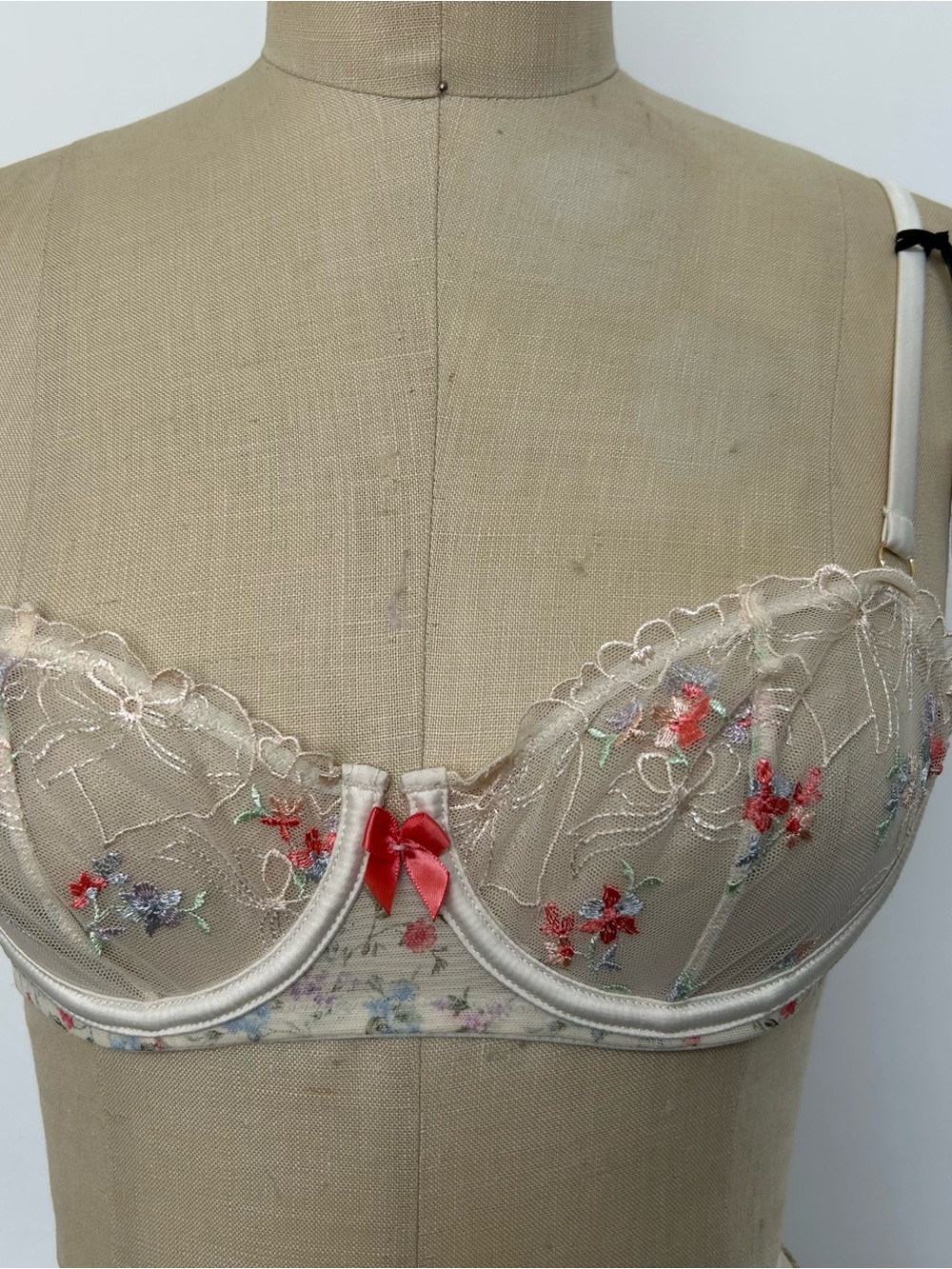 Primark Cream Embroidered Sheer Balconette Bra with Red Floral Detail
